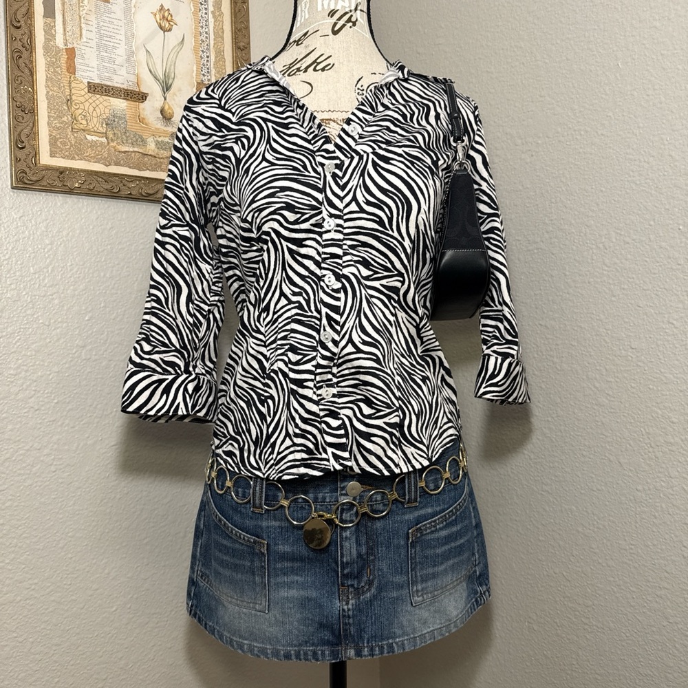 Vintage Y2K Zebra Print Fitted Button-Up Top Women’s Size XS